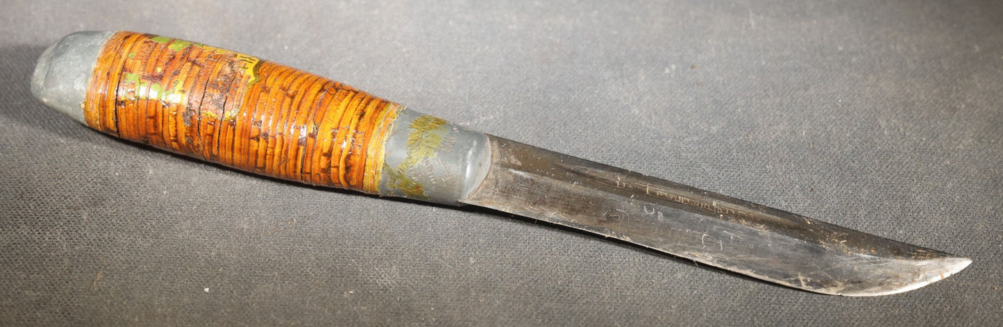 Vintage WWII-Era Finnish Puukko Knife with Stacked Birch Bark Handle and Pressed Paper Sheath, Manufactured by Jarvenpaa