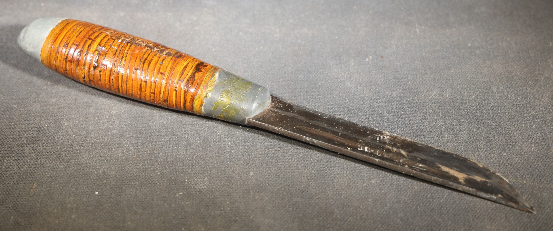 Vintage WWII-Era Finnish Puukko Knife with Stacked Birch Bark Handle and Pressed Paper Sheath, Manufactured by Jarvenpaa
