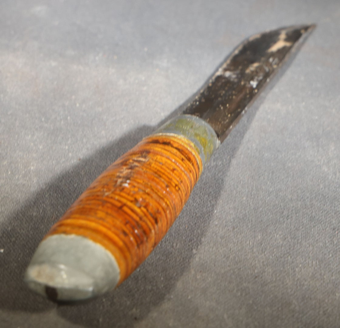 Vintage WWII-Era Finnish Puukko Knife with Stacked Birch Bark Handle and Pressed Paper Sheath, Manufactured by Jarvenpaa