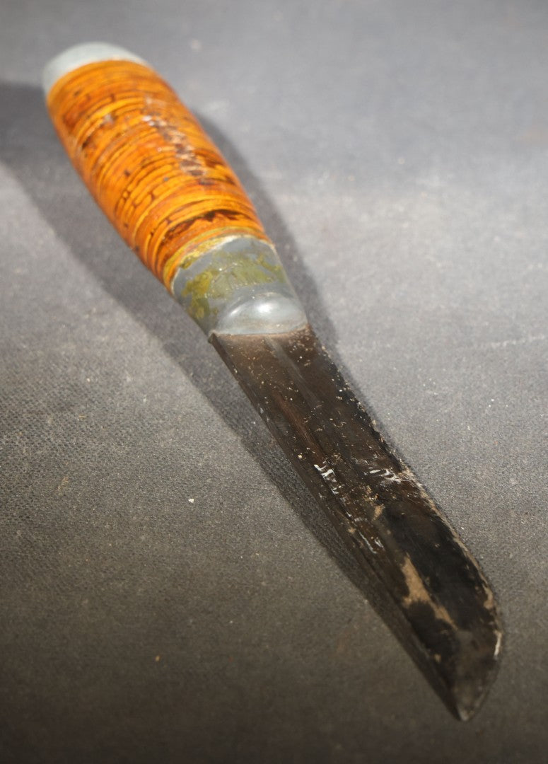 Vintage WWII-Era Finnish Puukko Knife with Stacked Birch Bark Handle and Pressed Paper Sheath, Manufactured by Jarvenpaa