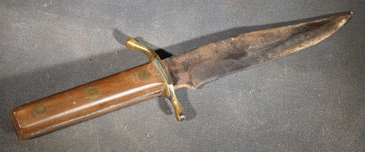 Vintage Unmarked Dagger Knife with Wood Grip, Brass Cross Guard, and Brass Rivets