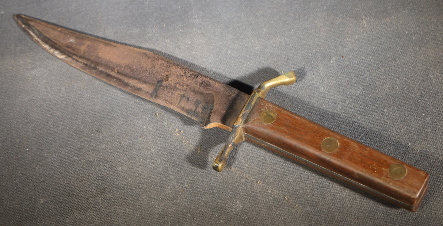 Vintage Unmarked Dagger Knife with Wood Grip, Brass Cross Guard, and Brass Rivets
