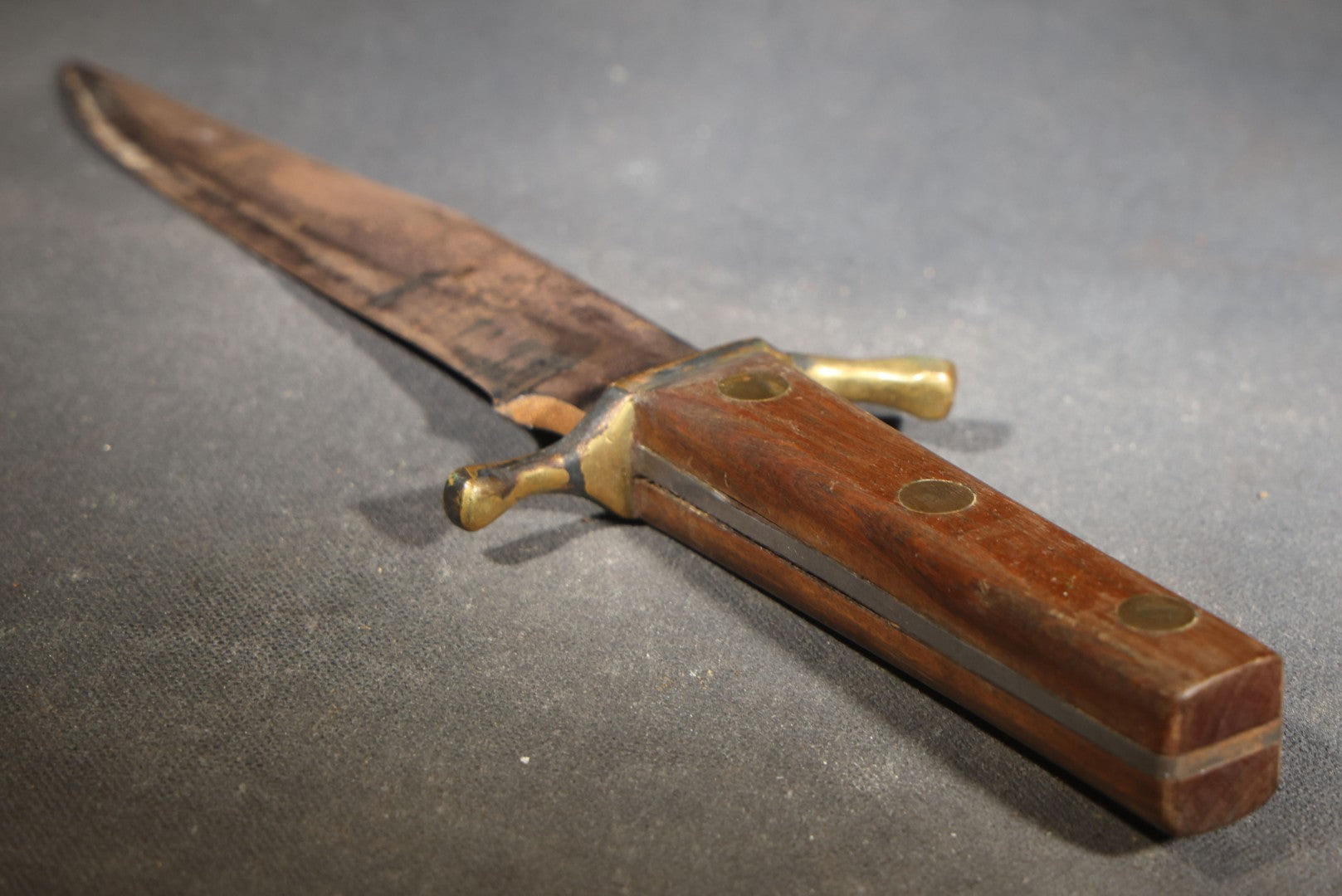 Vintage Unmarked Dagger Knife with Wood Grip, Brass Cross Guard, and Brass Rivets