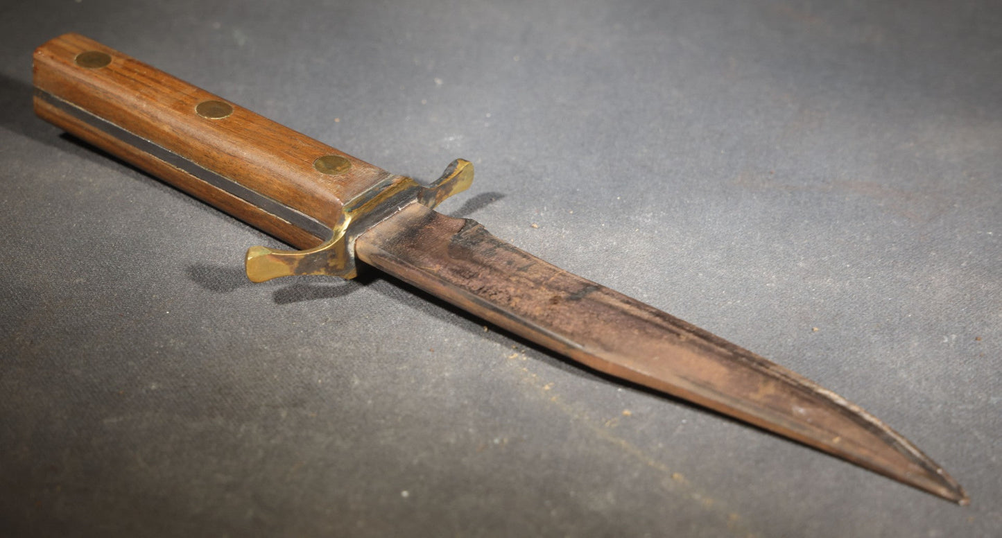 Vintage Unmarked Dagger Knife with Wood Grip, Brass Cross Guard, and Brass Rivets