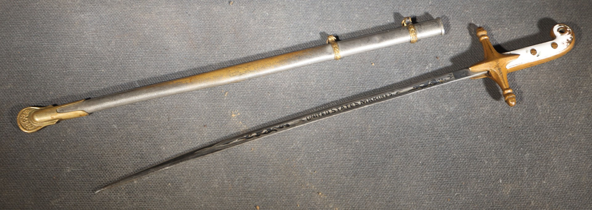 Vintage Miniature United States Marines Mameluke Officer's Sword with Scabbard, Etched Blade