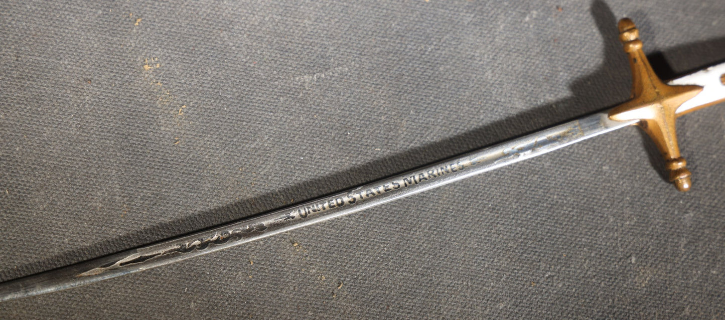 Vintage Miniature United States Marines Mameluke Officer's Sword with Scabbard, Etched Blade