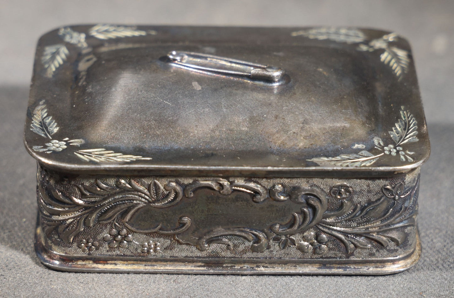 Antique Silver-Plated Pin Box with Repousse Scrollwork and Floral Lid and Safety Pin Finial 