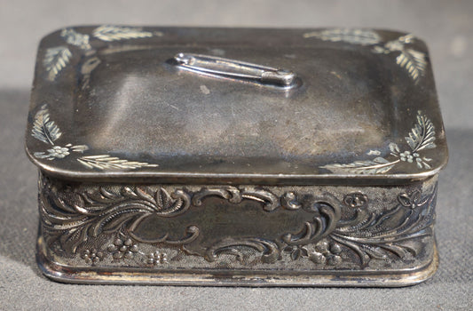 Antique Silver-Plated Pin Box with Repousse Scrollwork and Floral Lid and Safety Pin Finial 