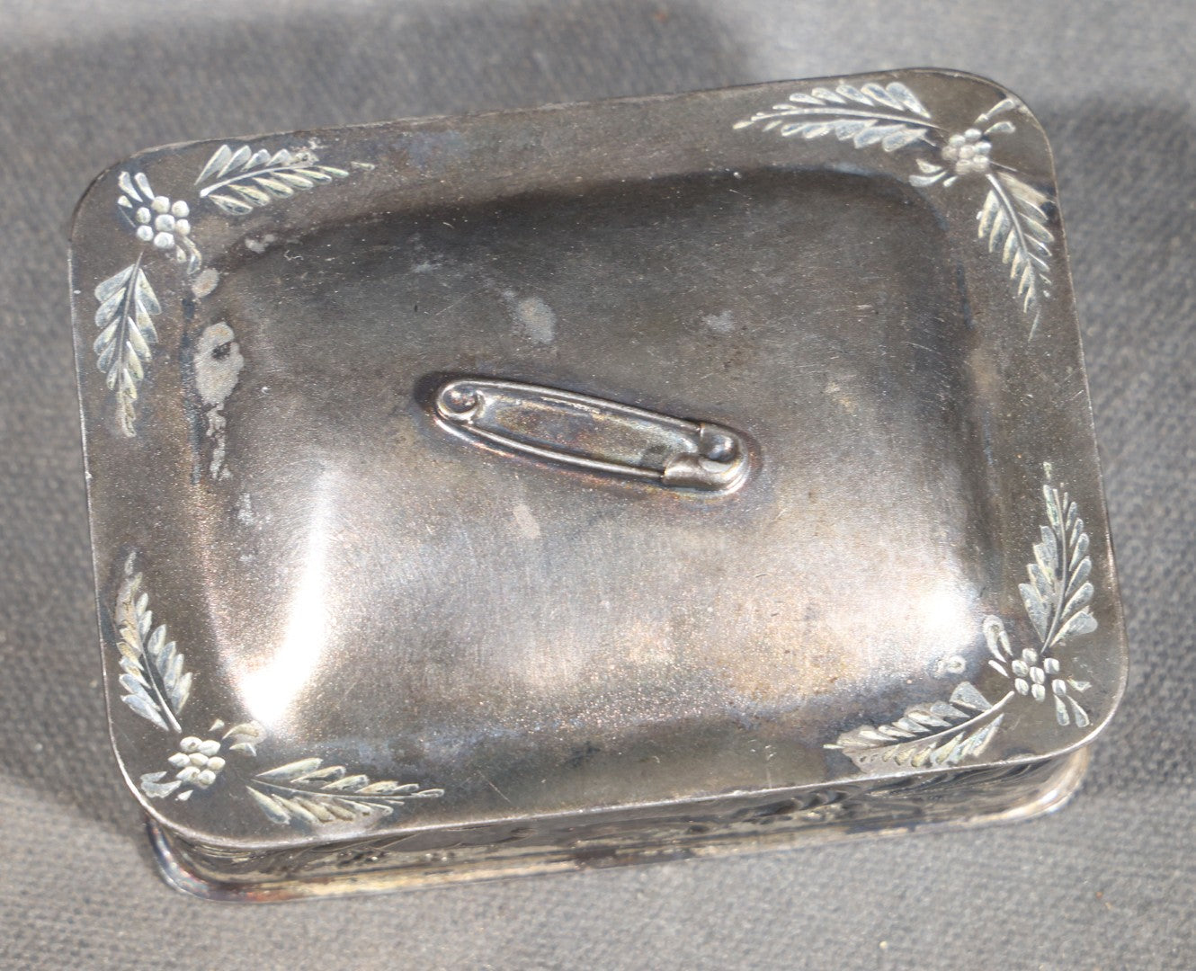 Antique Silver-Plated Pin Box with Repousse Scrollwork and Floral Lid and Safety Pin Finial 