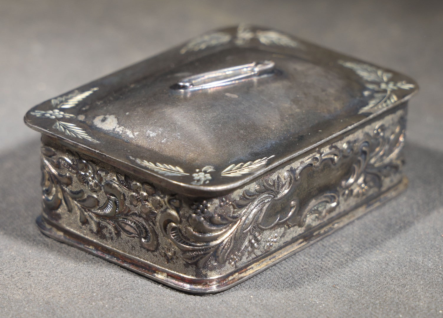 Antique Silver-Plated Pin Box with Repousse Scrollwork and Floral Lid and Safety Pin Finial 