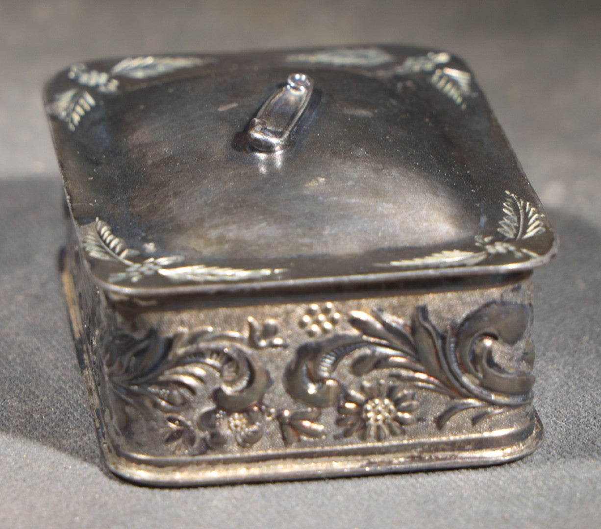 Antique Silver-Plated Pin Box with Repousse Scrollwork and Floral Lid and Safety Pin Finial 