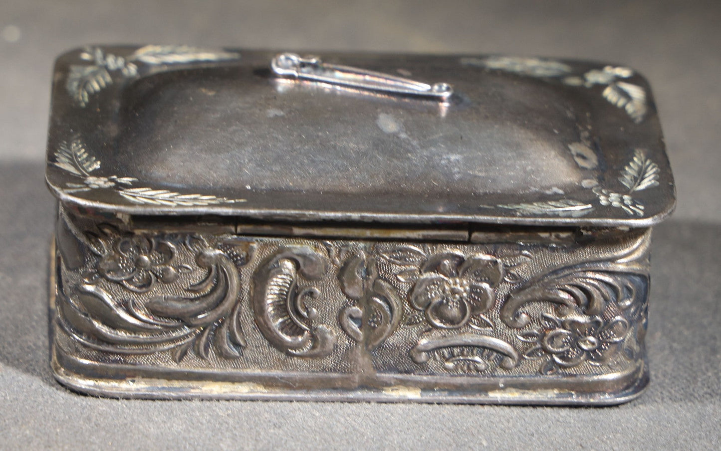 Antique Silver-Plated Pin Box with Repousse Scrollwork and Floral Lid and Safety Pin Finial 