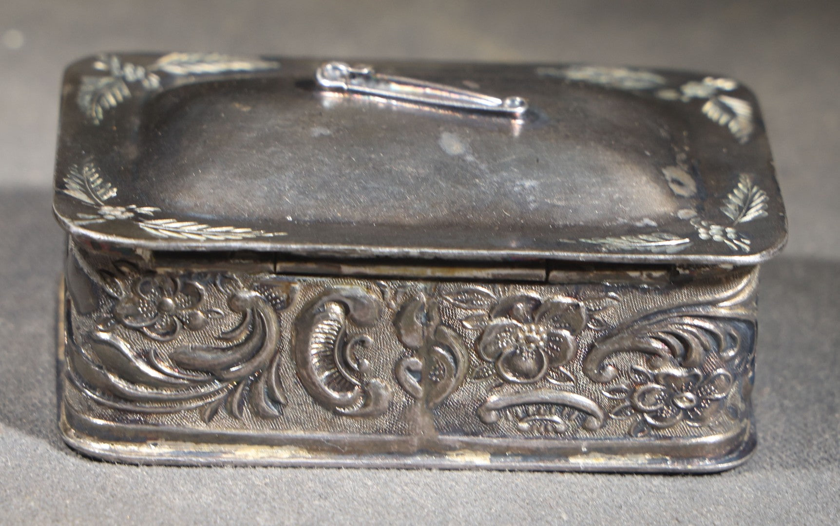 Antique Silver-Plated Pin Box with Repousse Scrollwork and Floral Lid and Safety Pin Finial 