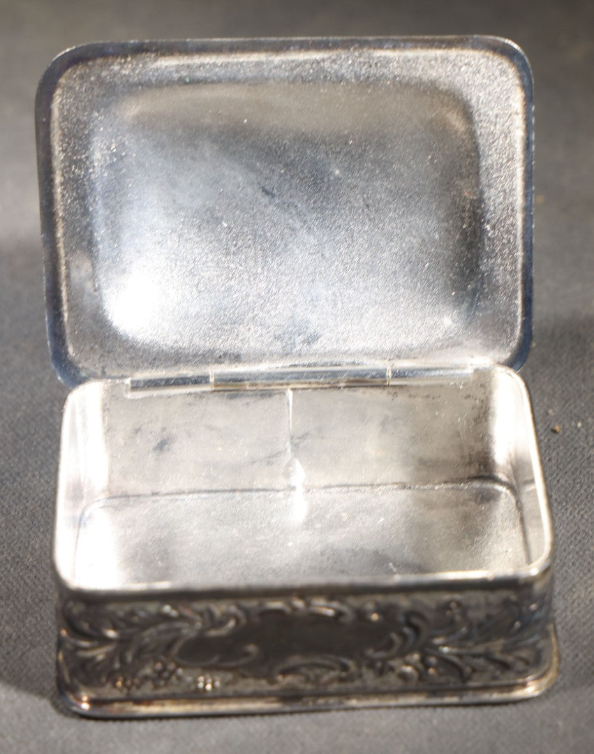 Antique Silver-Plated Pin Box with Repousse Scrollwork and Floral Lid and Safety Pin Finial 