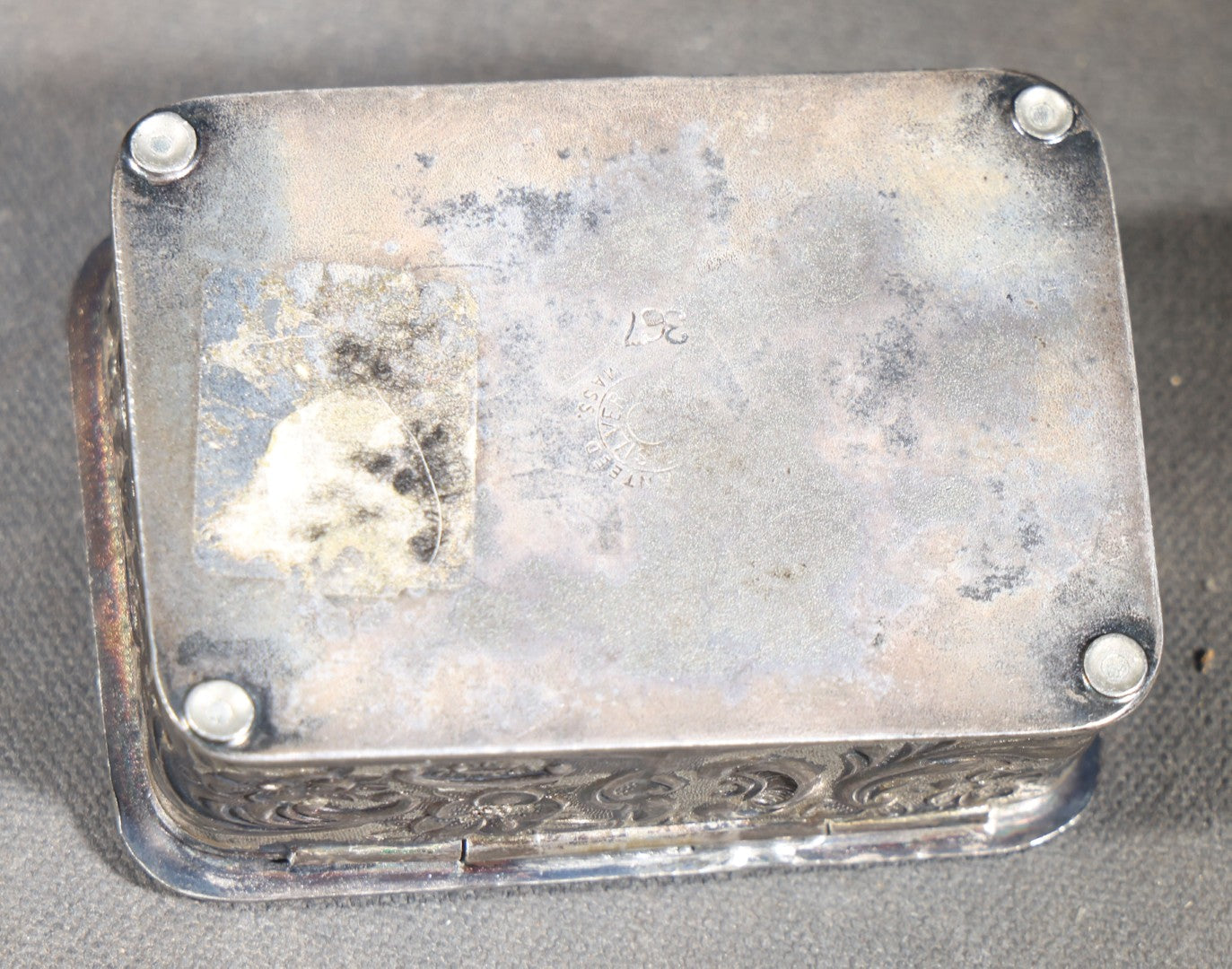 Antique Silver-Plated Pin Box with Repousse Scrollwork and Floral Lid and Safety Pin Finial 