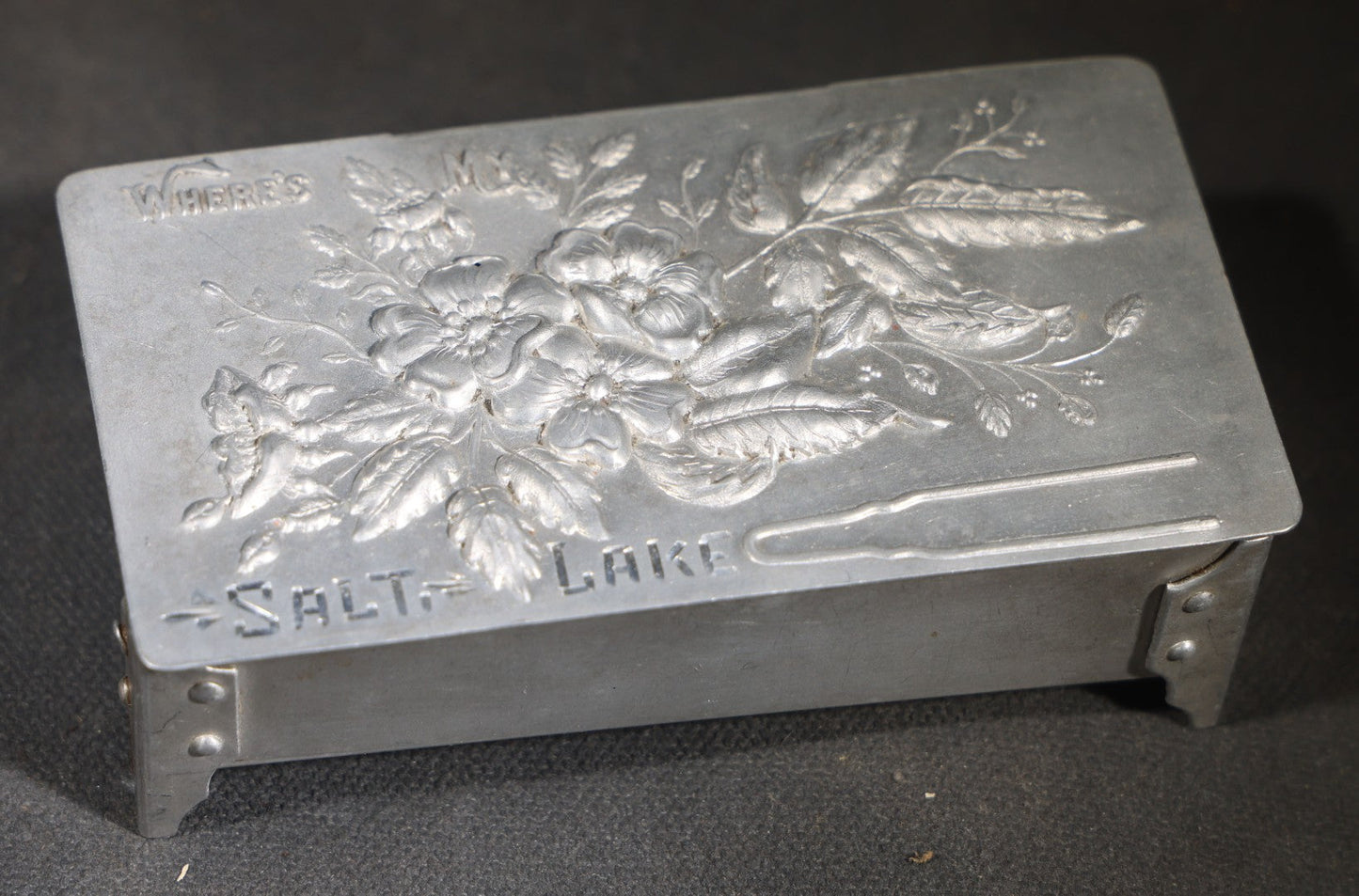 Antique Aluminum Hairpin Box with Embossed Floral Design, "Where's My" with Hairpin Motif, Later-Etched "Salt Lake" Souvenir