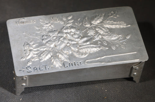 Antique Aluminum Hairpin Box with Embossed Floral Design, "Where's My" with Hairpin Motif, Later-Etched "Salt Lake" Souvenir