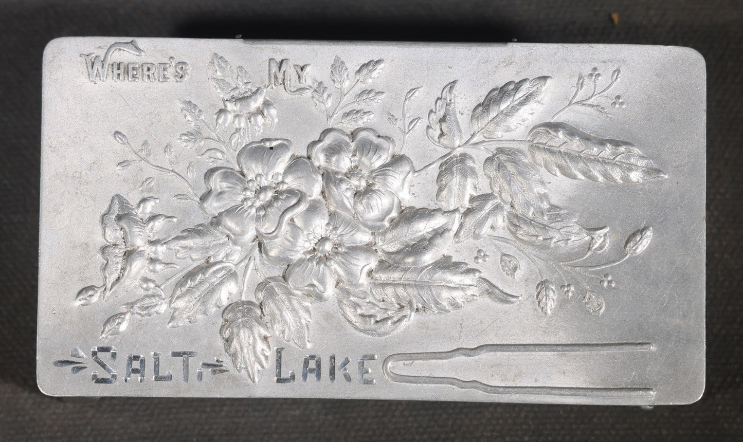 Antique Aluminum Hairpin Box with Embossed Floral Design, "Where's My" with Hairpin Motif, Later-Etched "Salt Lake" Souvenir