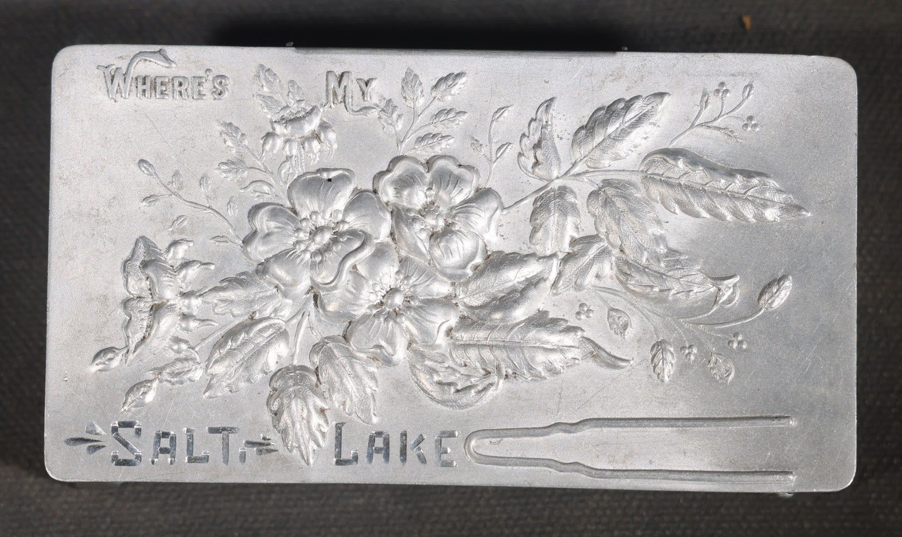 Antique Aluminum Hairpin Box with Embossed Floral Design, "Where's My" with Hairpin Motif, Later-Etched "Salt Lake" Souvenir