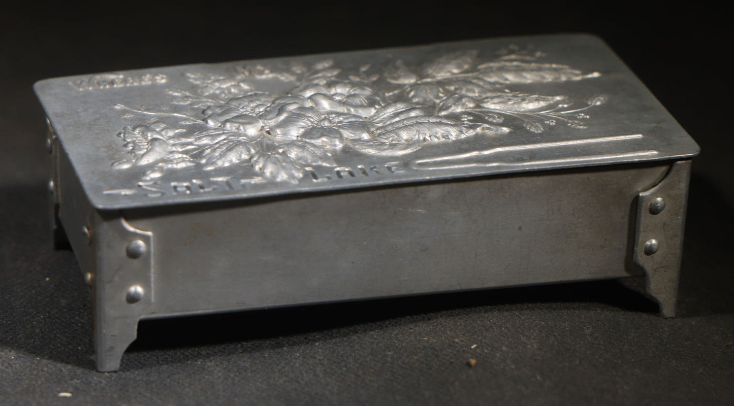 Antique Aluminum Hairpin Box with Embossed Floral Design, "Where's My" with Hairpin Motif, Later-Etched "Salt Lake" Souvenir