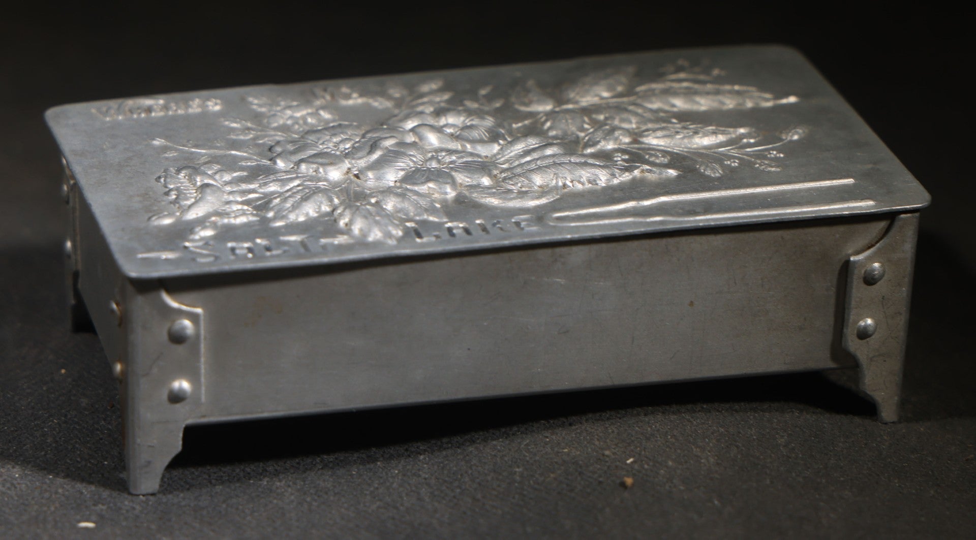 Antique Aluminum Hairpin Box with Embossed Floral Design, "Where's My" with Hairpin Motif, Later-Etched "Salt Lake" Souvenir
