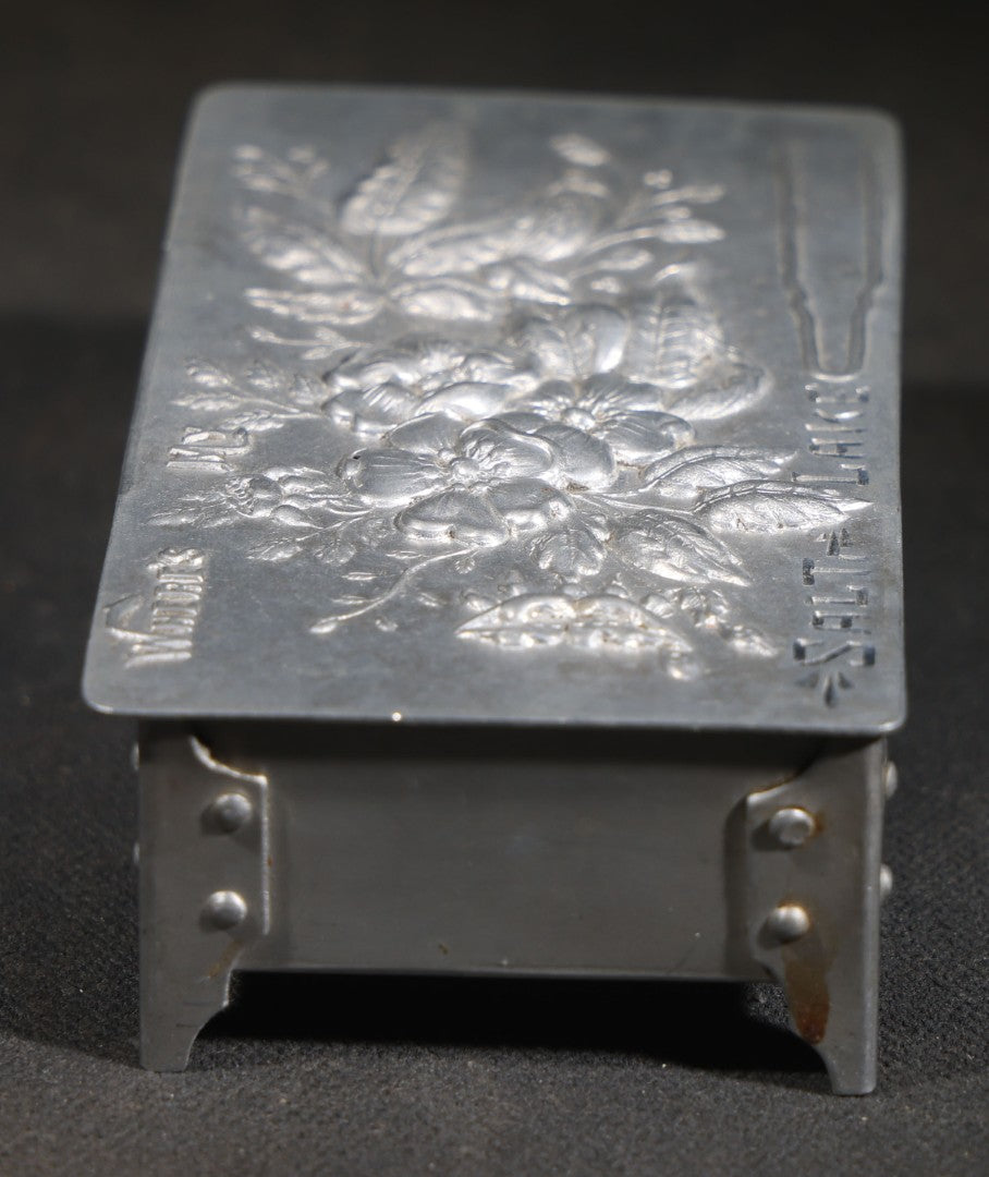 Antique Aluminum Hairpin Box with Embossed Floral Design, "Where's My" with Hairpin Motif, Later-Etched "Salt Lake" Souvenir