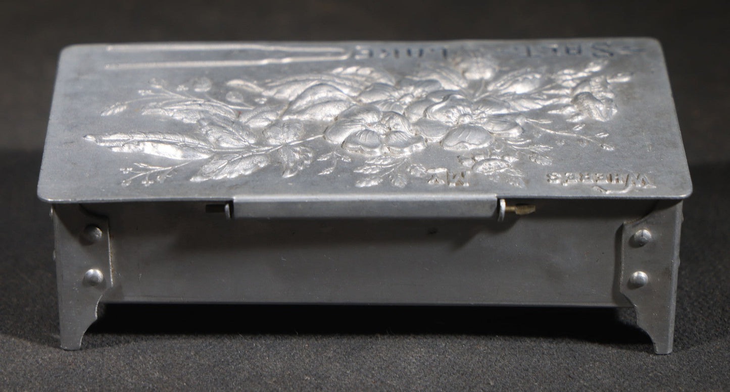 Antique Aluminum Hairpin Box with Embossed Floral Design, "Where's My" with Hairpin Motif, Later-Etched "Salt Lake" Souvenir