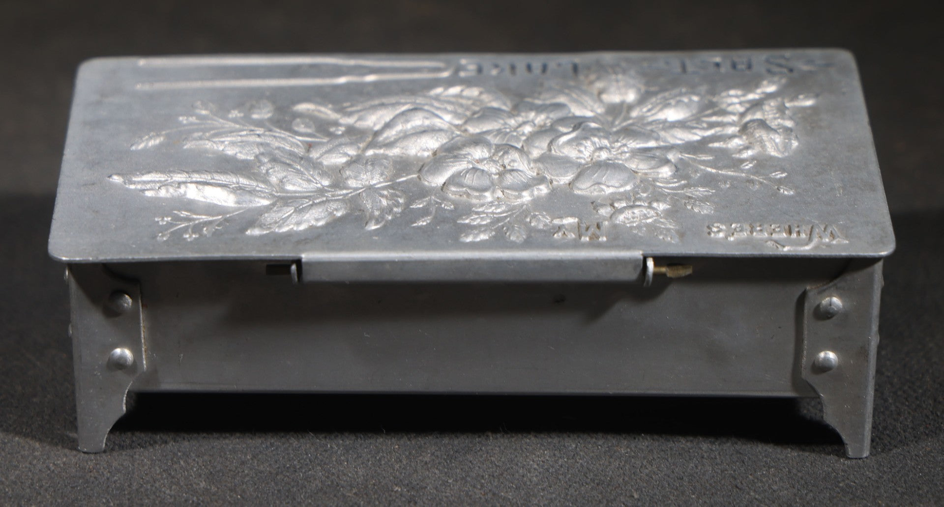 Antique Aluminum Hairpin Box with Embossed Floral Design, "Where's My" with Hairpin Motif, Later-Etched "Salt Lake" Souvenir