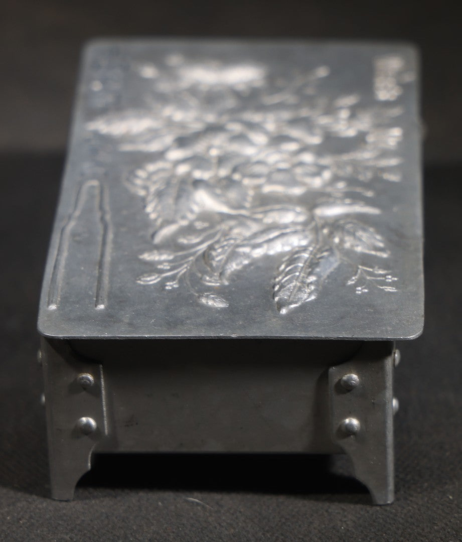 Antique Aluminum Hairpin Box with Embossed Floral Design, "Where's My" with Hairpin Motif, Later-Etched "Salt Lake" Souvenir