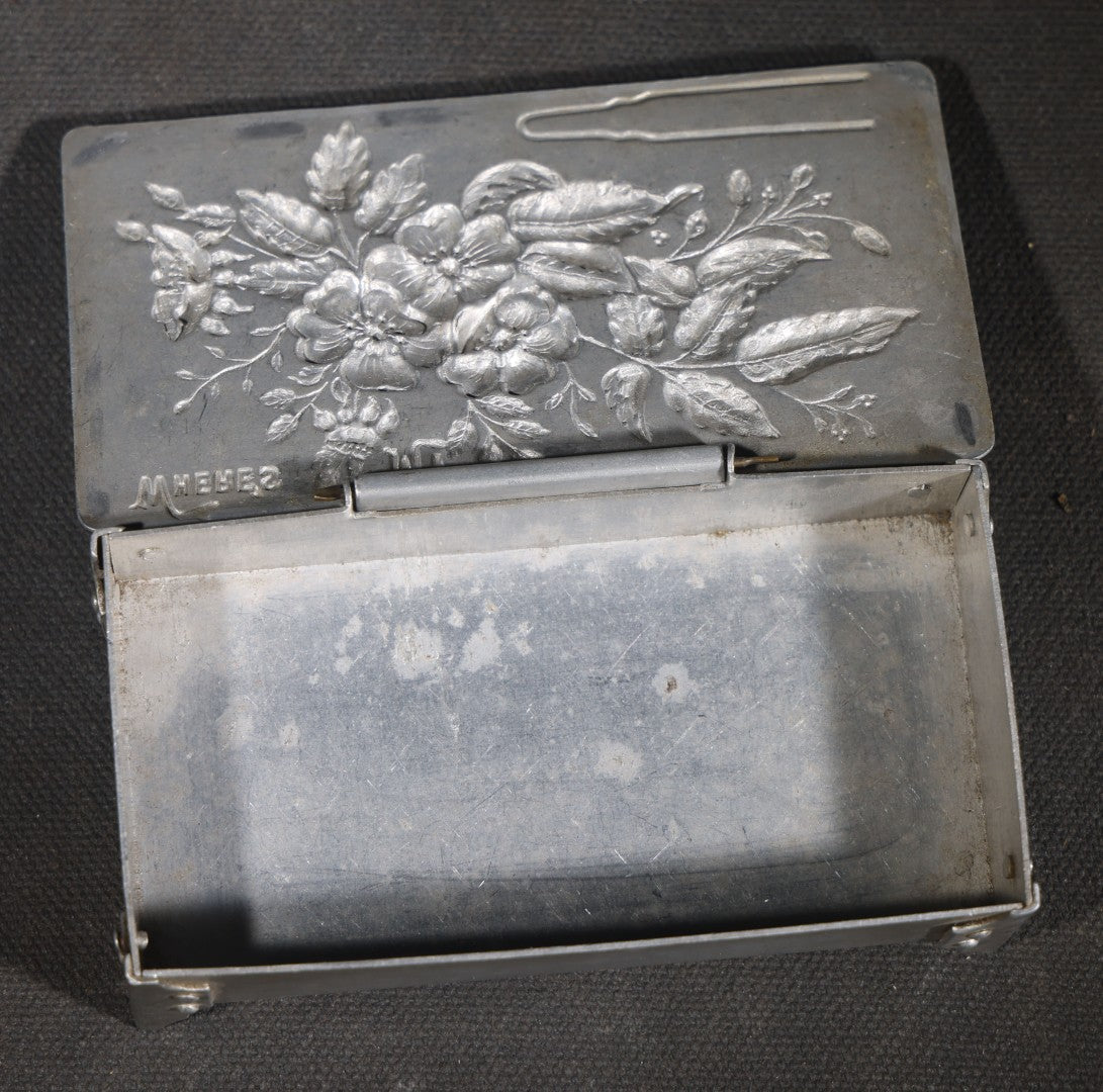 Antique Aluminum Hairpin Box with Embossed Floral Design, "Where's My" with Hairpin Motif, Later-Etched "Salt Lake" Souvenir