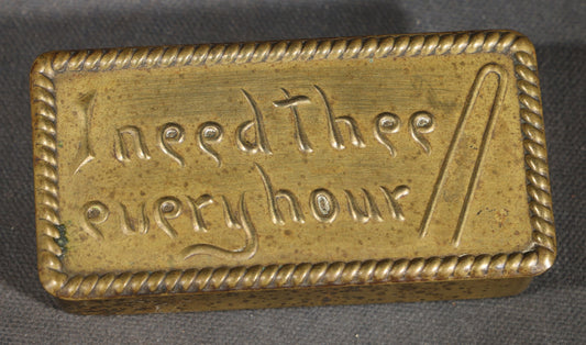 Antique Brass Hairpin Box with Embossed "I Need Thee Every Hour" Hymn Text and Hairpin Motif, Rope-Twist Border