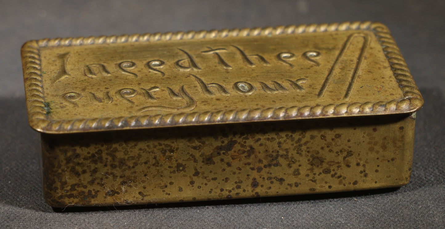 Antique Brass Hairpin Box with Embossed "I Need Thee Every Hour" Hymn Text and Hairpin Motif, Rope-Twist Border