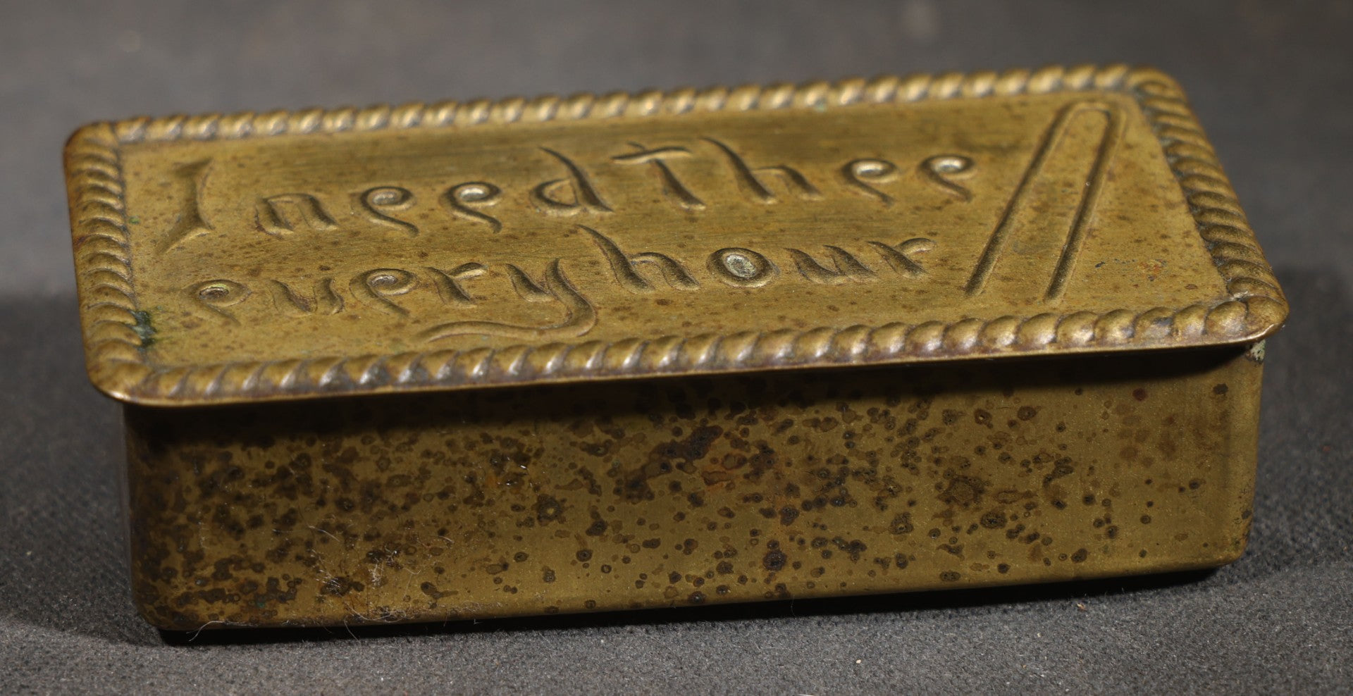 Antique Brass Hairpin Box with Embossed "I Need Thee Every Hour" Hymn Text and Hairpin Motif, Rope-Twist Border