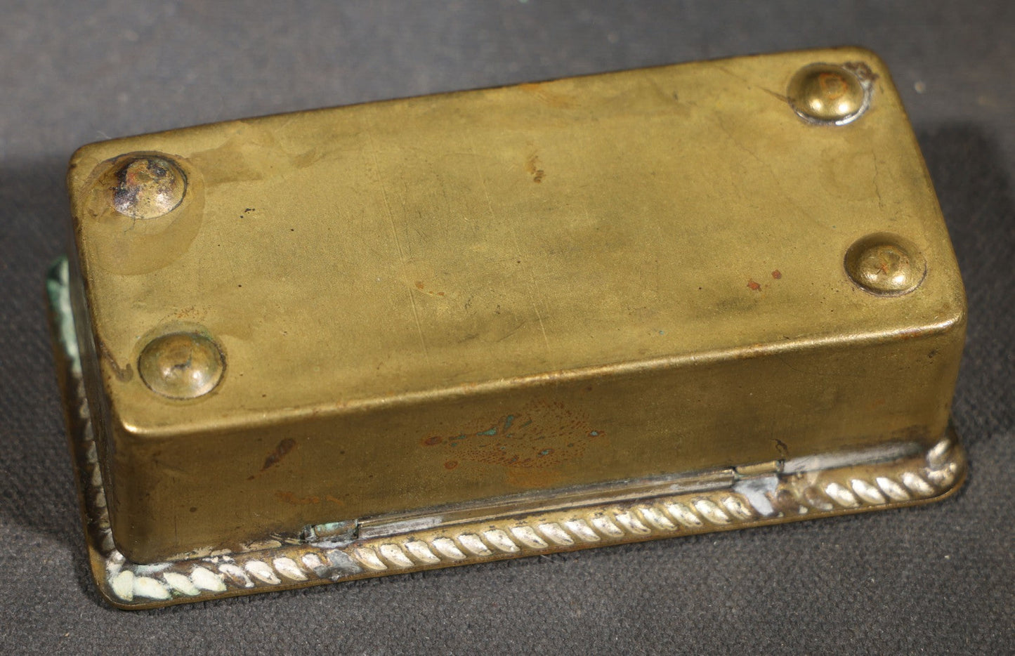 Antique Brass Hairpin Box with Embossed "I Need Thee Every Hour" Hymn Text and Hairpin Motif, Rope-Twist Border
