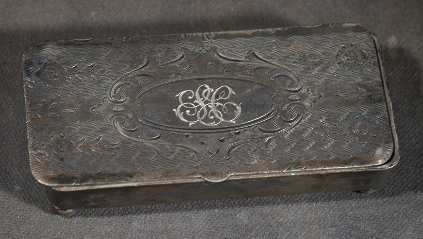 Antique Silver-Plated Footed Pin Box with Engraved Floral Scrollwork and "ESC" Monogram, Manufactured by Homan Mfg. Company, Cincinnati, Ohio