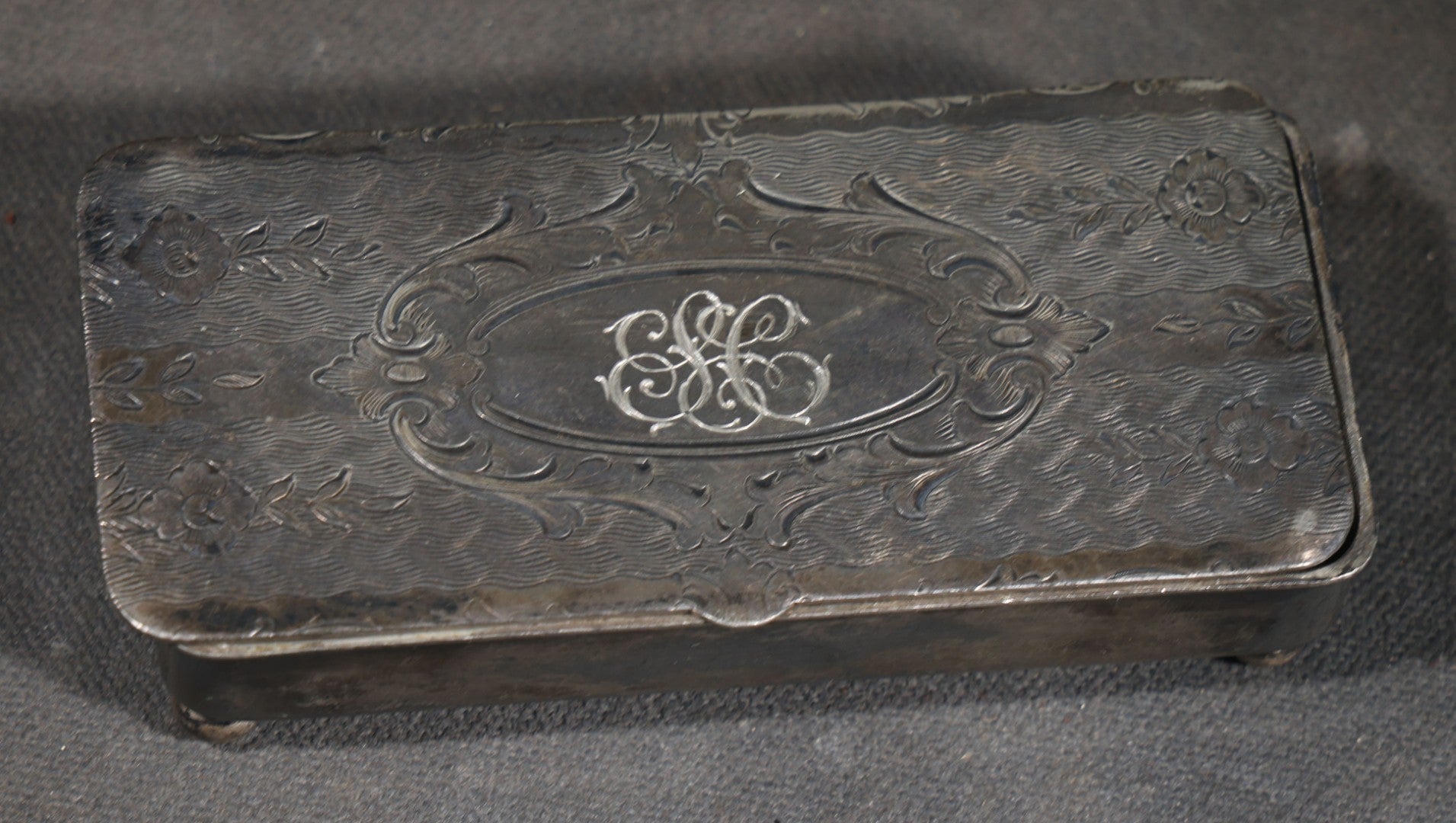 Antique Silver-Plated Footed Pin Box with Engraved Floral Scrollwork and "ESC" Monogram, Manufactured by Homan Mfg. Company, Cincinnati, Ohio