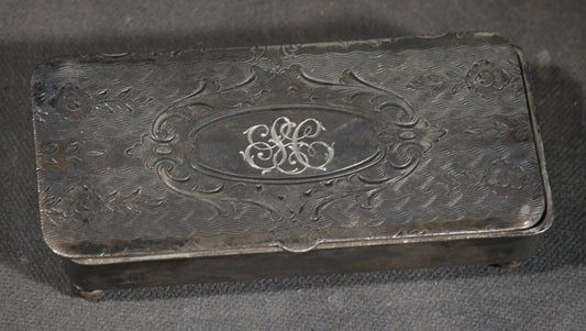 Antique Silver-Plated Footed Pin Box with Engraved Floral Scrollwork and "ESC" Monogram, Manufactured by Homan Mfg. Company, Cincinnati, Ohio