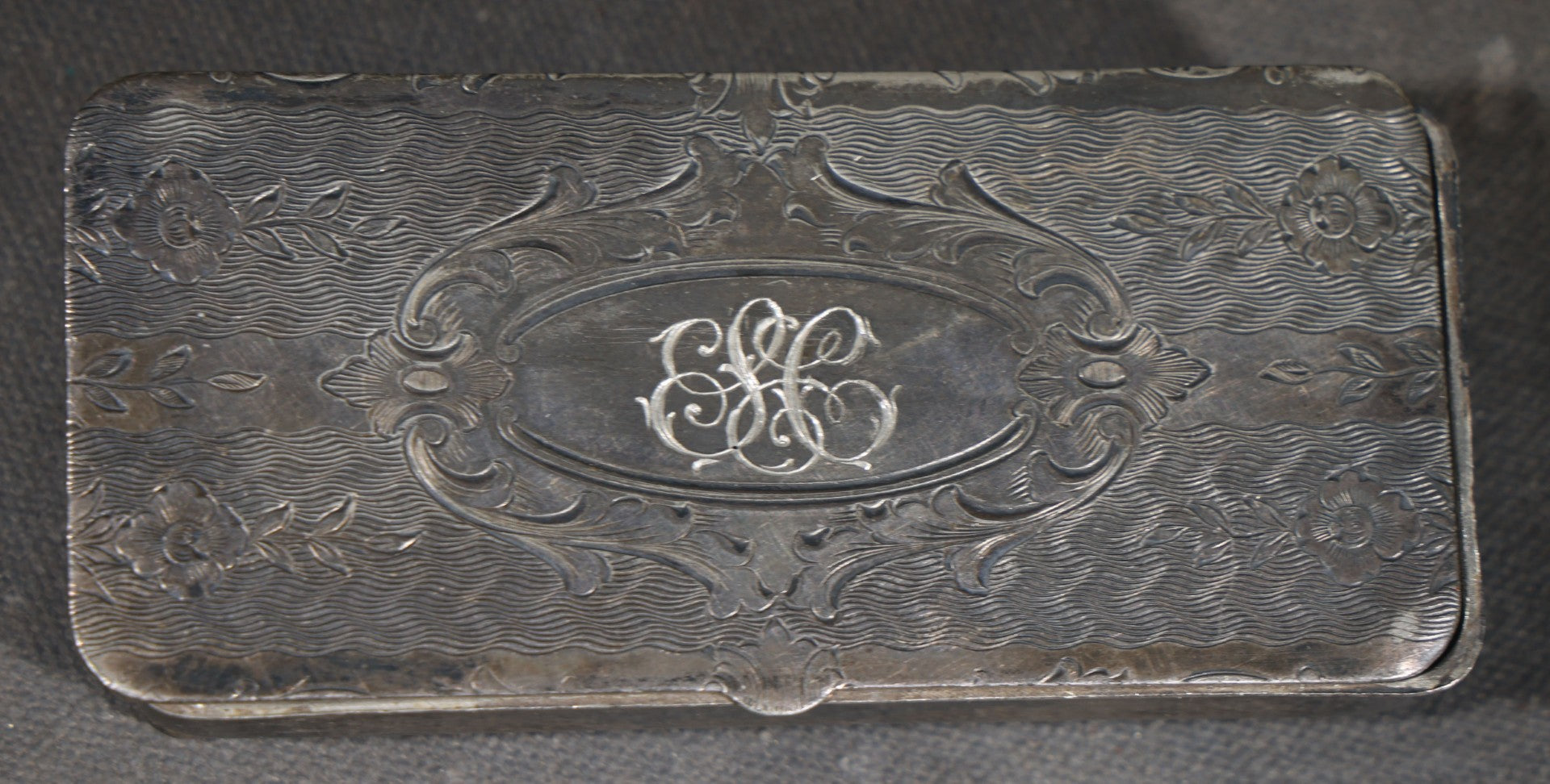 Antique Silver-Plated Footed Pin Box with Engraved Floral Scrollwork and "ESC" Monogram, Manufactured by Homan Mfg. Company, Cincinnati, Ohio