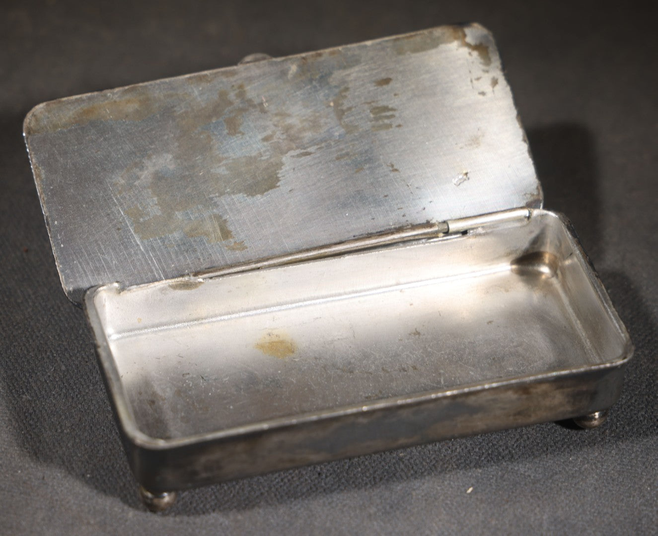 Antique Silver-Plated Footed Pin Box with Engraved Floral Scrollwork and "ESC" Monogram, Manufactured by Homan Mfg. Company, Cincinnati, Ohio