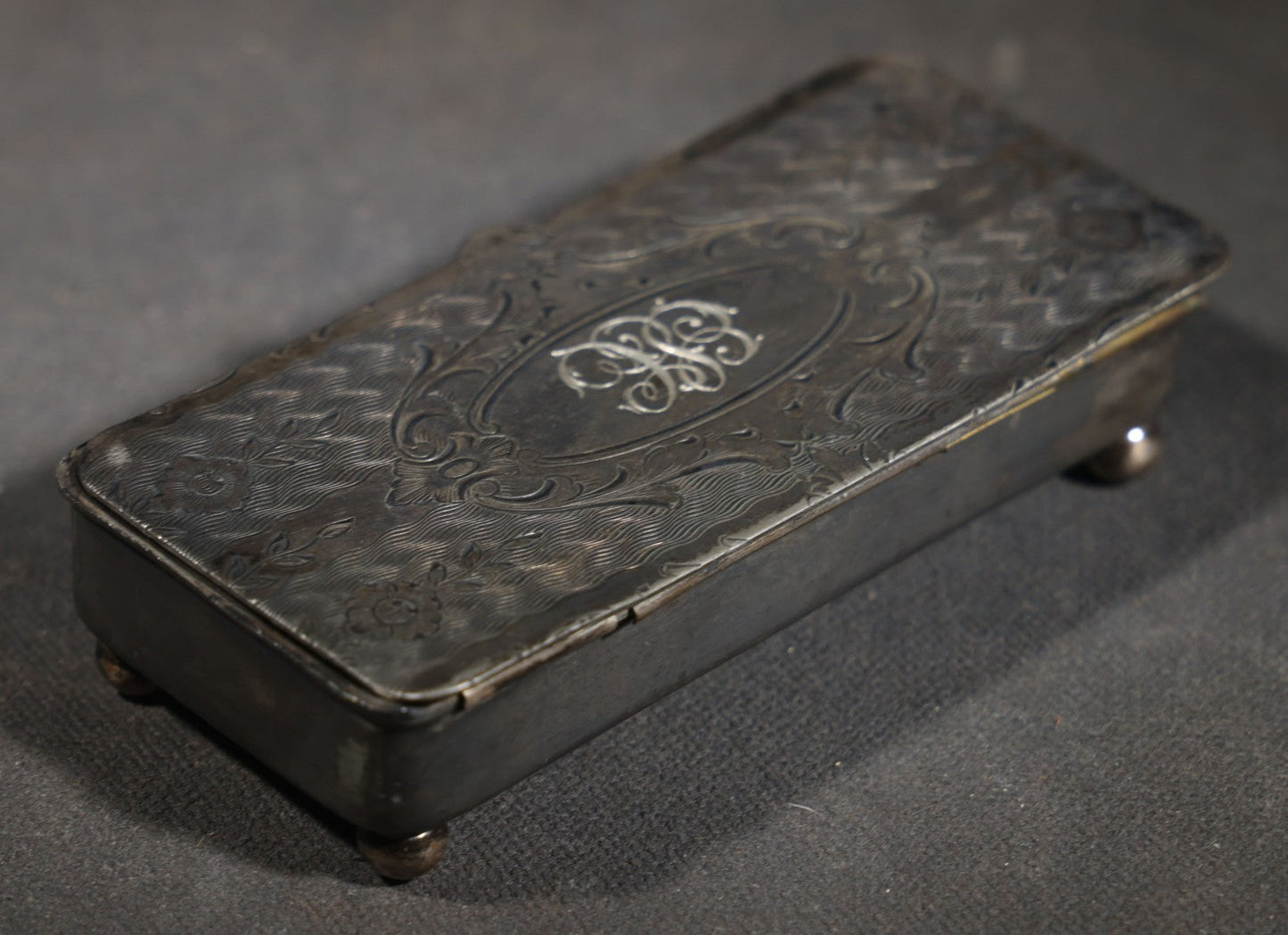 Antique Silver-Plated Footed Pin Box with Engraved Floral Scrollwork and "ESC" Monogram, Manufactured by Homan Mfg. Company, Cincinnati, Ohio