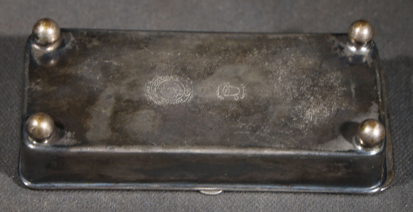 Antique Silver-Plated Footed Pin Box with Engraved Floral Scrollwork and "ESC" Monogram, Manufactured by Homan Mfg. Company, Cincinnati, Ohio
