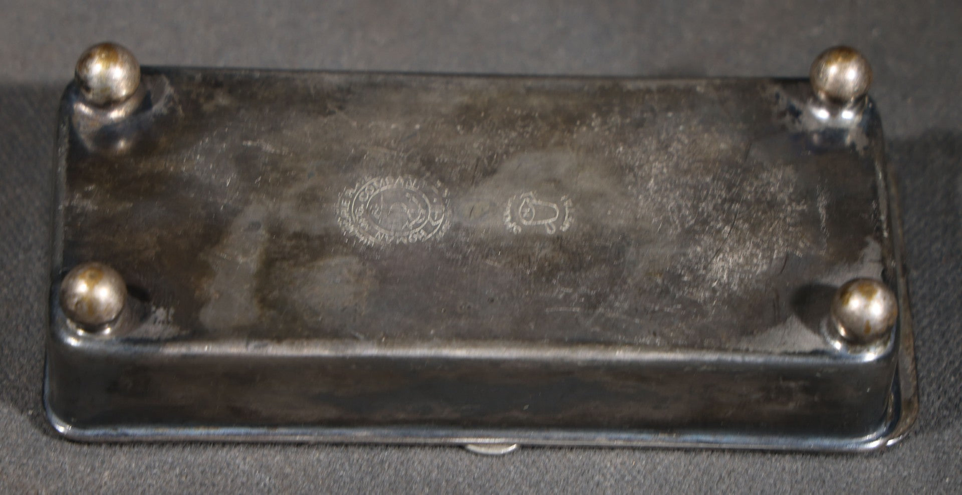 Antique Silver-Plated Footed Pin Box with Engraved Floral Scrollwork and "ESC" Monogram, Manufactured by Homan Mfg. Company, Cincinnati, Ohio