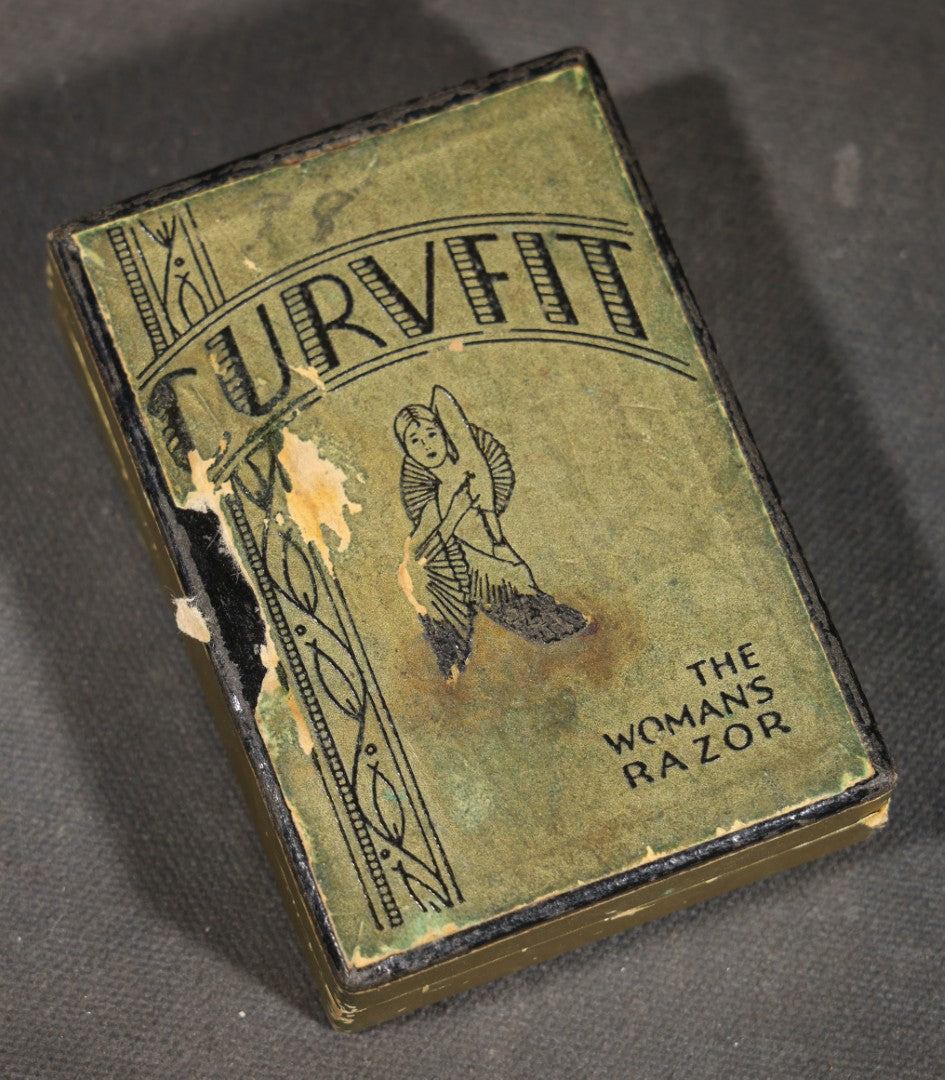 Antique Curvfit "The Woman's Razor" Curved Safety Razor in Original Box with Blue Velvet Bag, Curvfit Sales Corp., New York City