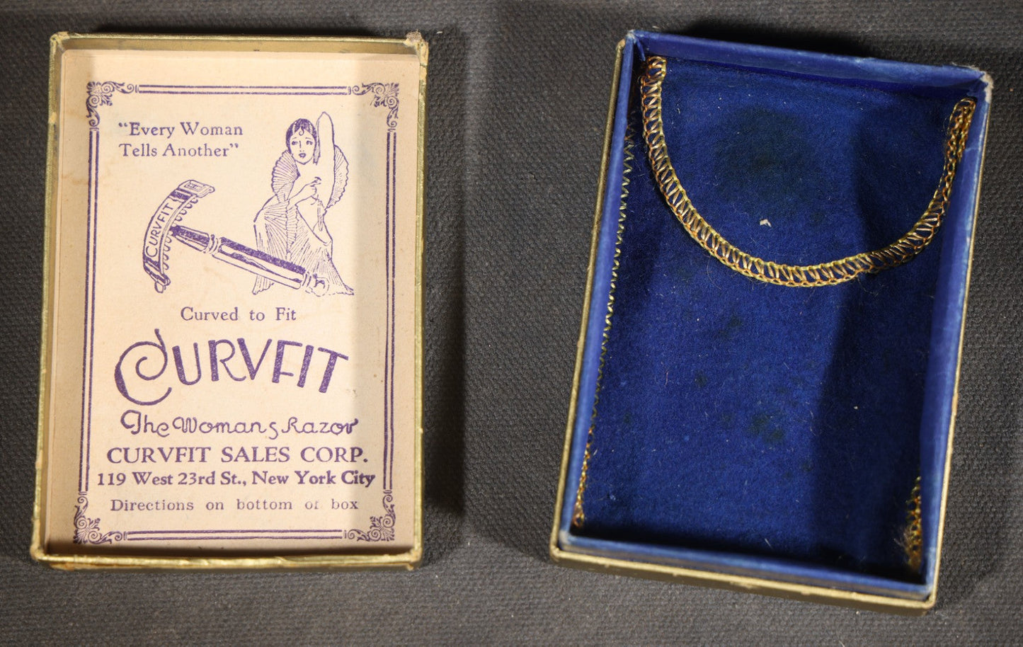 Antique Curvfit "The Woman's Razor" Curved Safety Razor in Original Box with Blue Velvet Bag, Curvfit Sales Corp., New York City