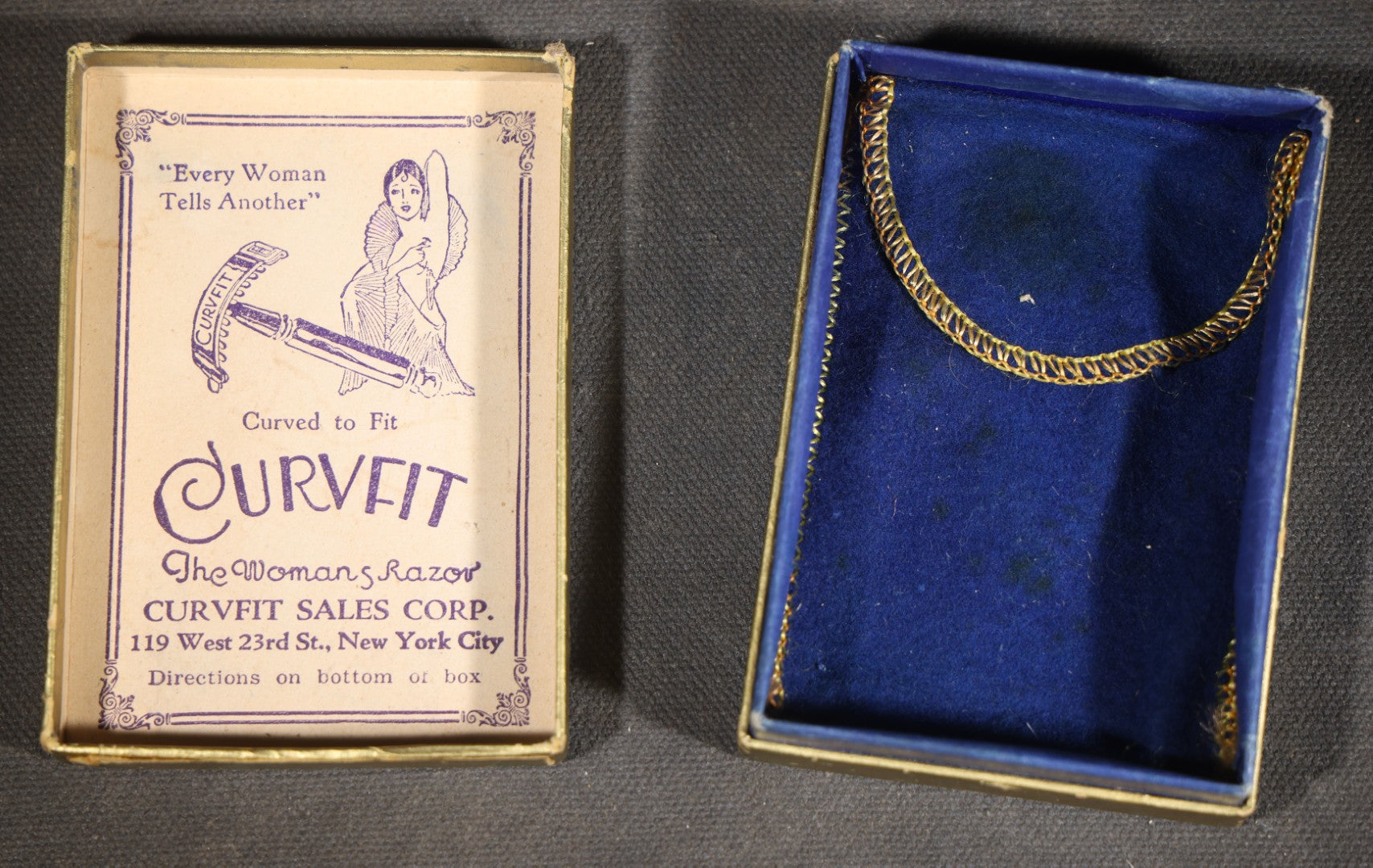 Antique Curvfit "The Woman's Razor" Curved Safety Razor in Original Box with Blue Velvet Bag, Curvfit Sales Corp., New York City
