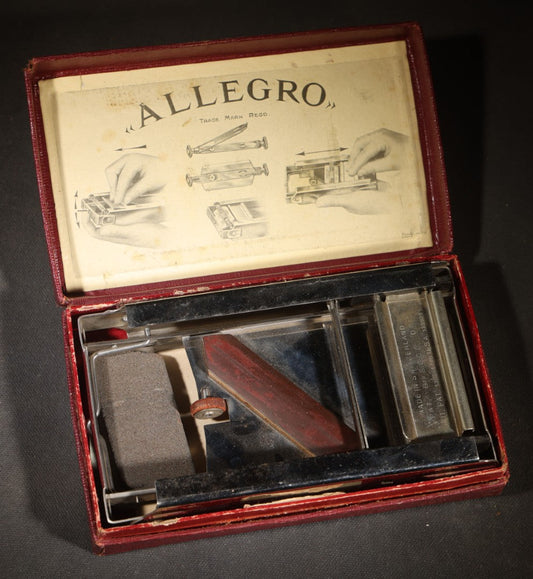 Vintage Allegro Razor Blade Sharpener in Original Case with Paperwork, Made in Switzerland, Distributed by Blade Master Inc., New York, New York