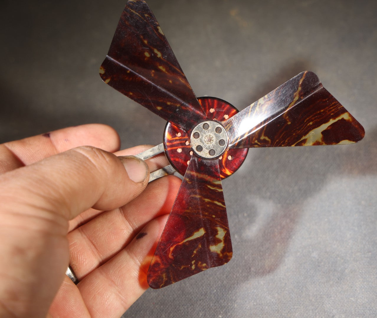 Vintage Collapsible Mechanical Pocket Fan with Faux Tortoiseshell Blades, Push-Button Gear Mechanism, and Mirror, Made in Germany