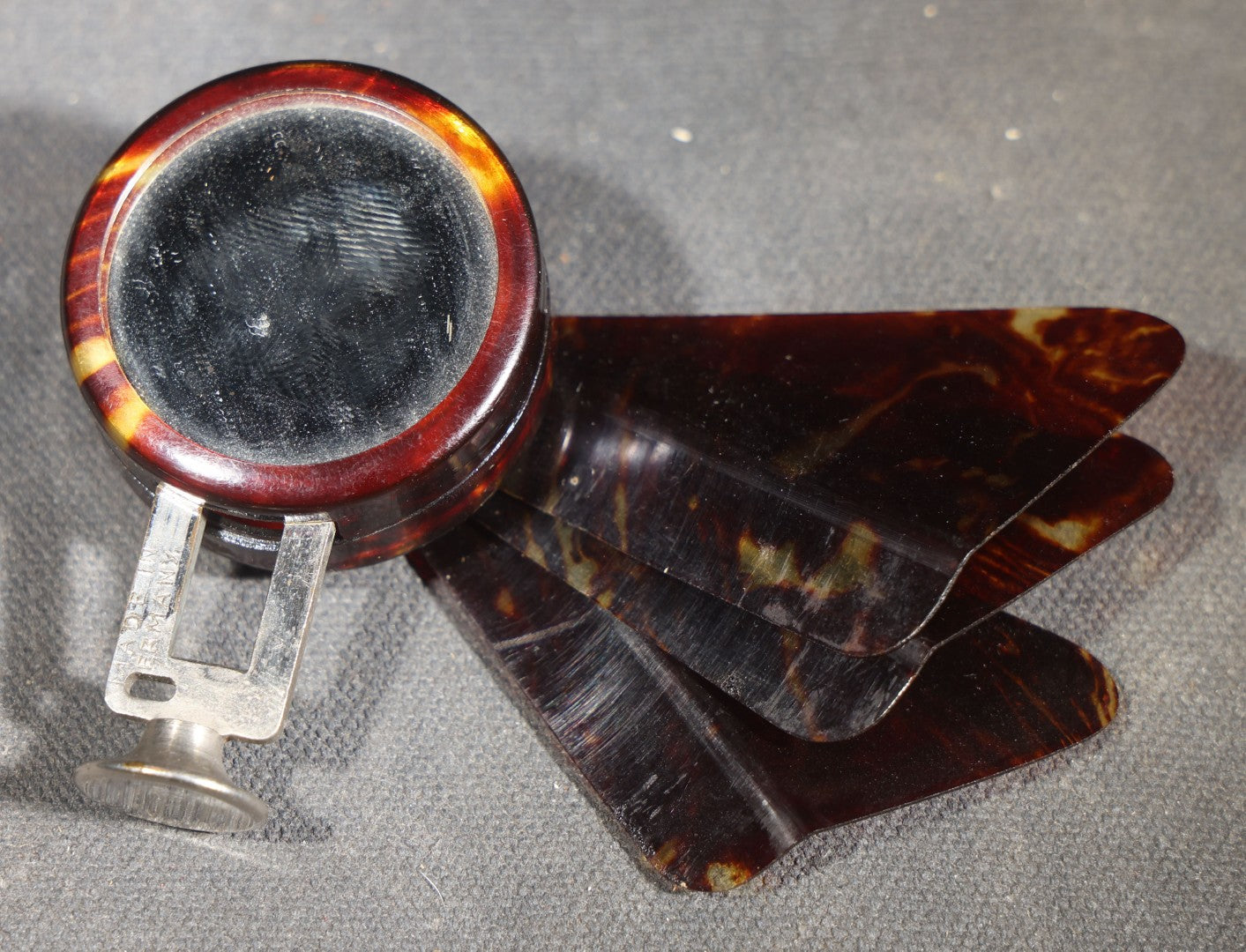 Vintage Collapsible Mechanical Pocket Fan with Faux Tortoiseshell Blades, Push-Button Gear Mechanism, and Mirror, Made in Germany