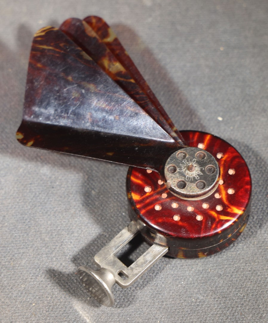 Vintage Collapsible Mechanical Pocket Fan with Faux Tortoiseshell Blades, Push-Button Gear Mechanism, and Mirror, Made in Germany
