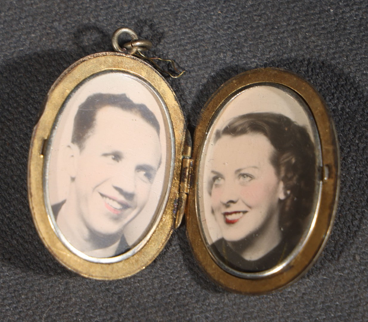 Vintage Oval Locket Pendant with Engraved Monogram, Containing Two Hand-Tinted Portrait Photographs of a Young Man and Young Woman